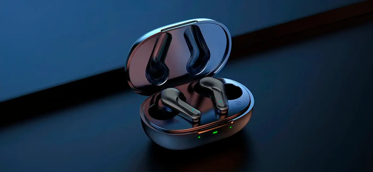 audífonos TWS miccell color negro VQ-BH20 sobre azul