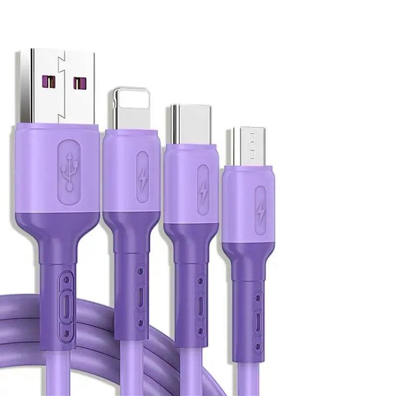 cable 3 en 1 miccell vq-d19 con cable tipo-c, micro USB, lightning color morado