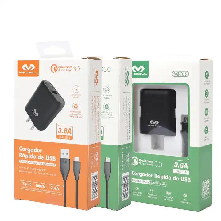 cajas del cargador vq-t05 marca miccell color negro, micro y tipo-c