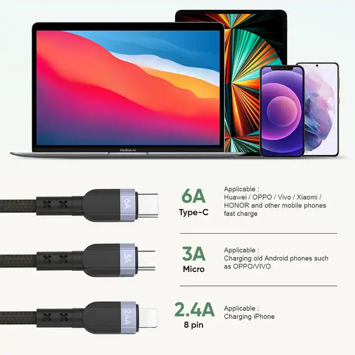 cable 3 en 1 con 3 entradas 6A tipo-c, 3A micro USB, Lightning 2.4A
