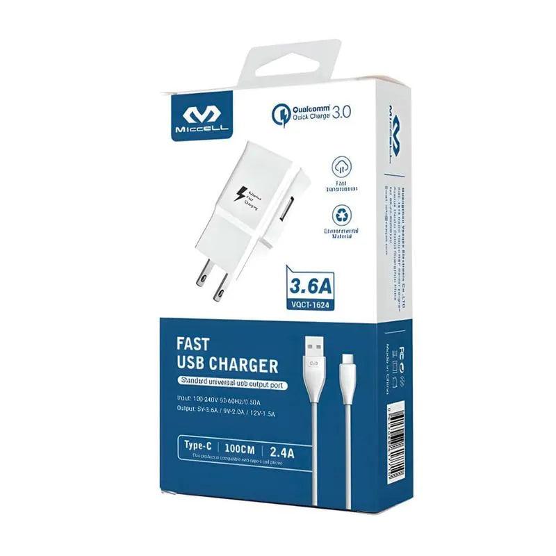 caja de cargador marca miccell certificación Qualcomm 3.0 parte atras