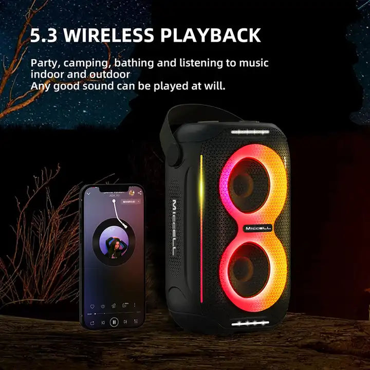 Parlante Bluetooth 5.3 Miccell junto a iPhone (VQ-SP03)