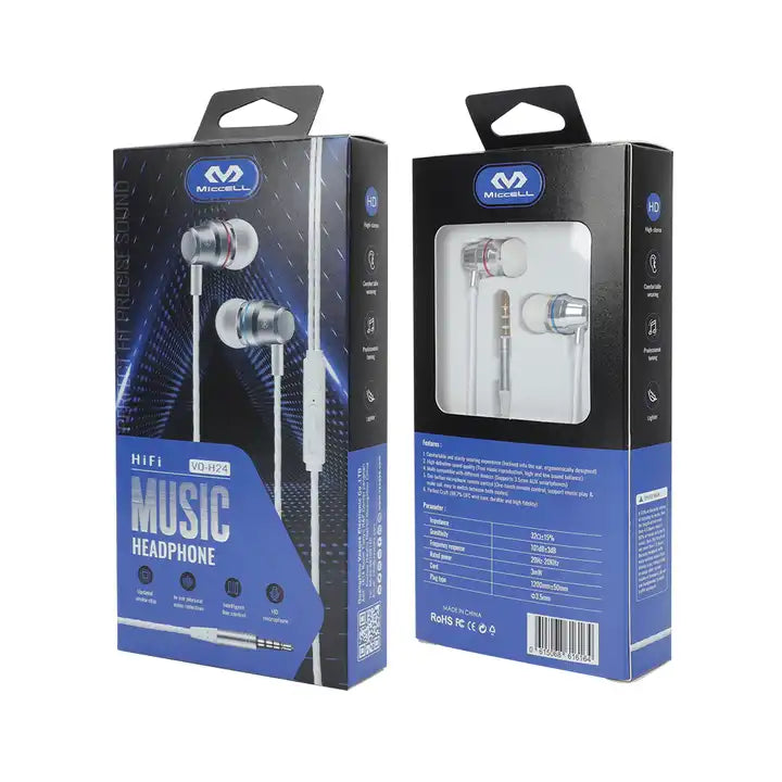 caja de audífono con cable 3.5 mm miccell vq-h24 color blanco