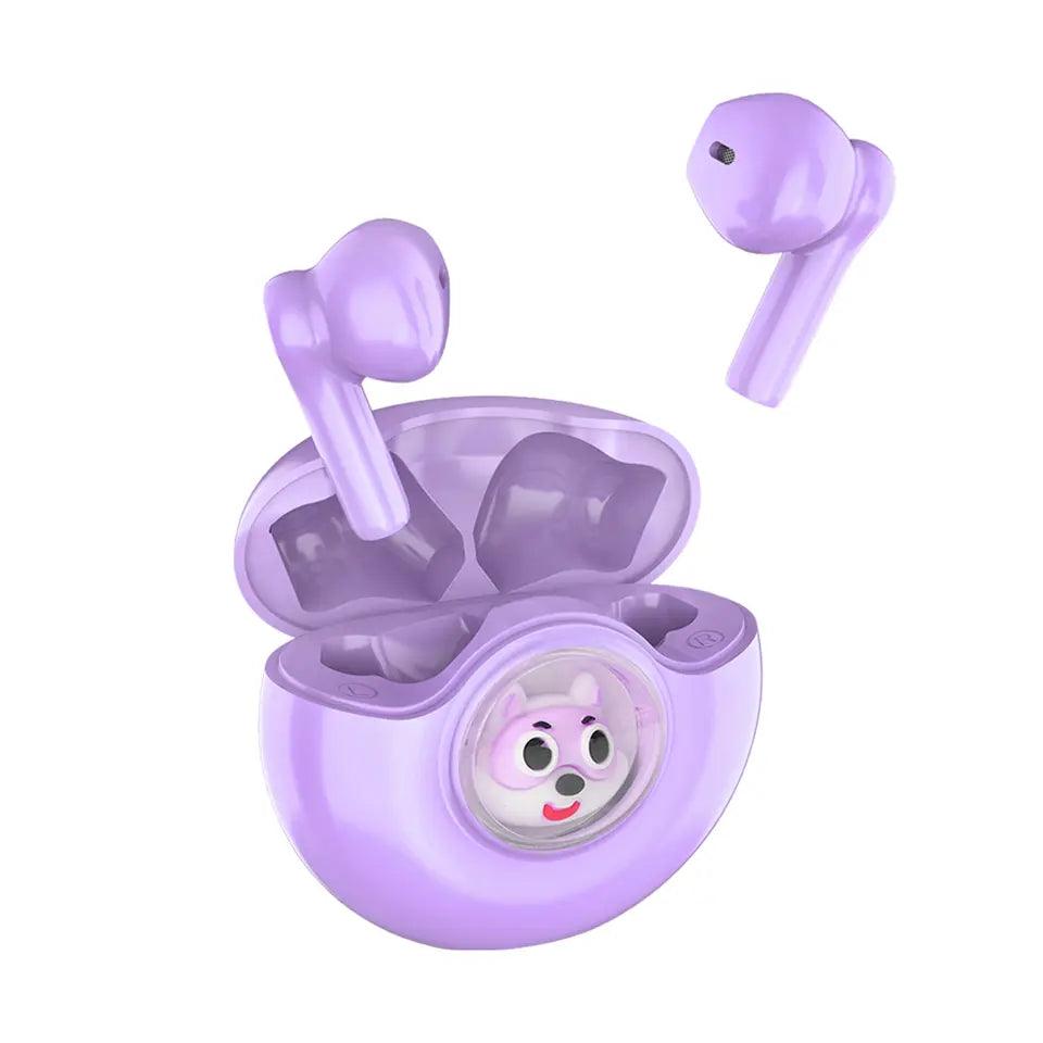 audífonos cartoon TWS marca miccell color morado