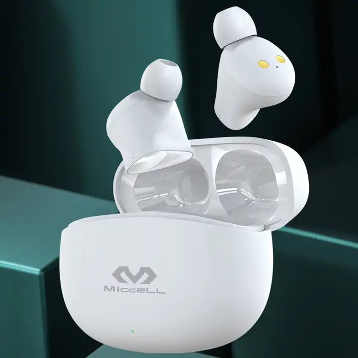 audífono TWS HIFI bluetooth 5.1 color blanco VQ-BH66 marca Miccell fondo verde