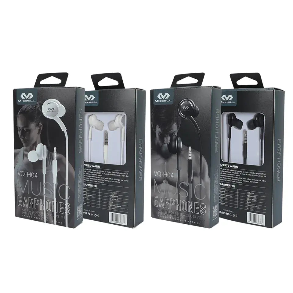 cajas de audífonos con cable y control color blanco y negro VQ-H04 Miccell 3.5mm