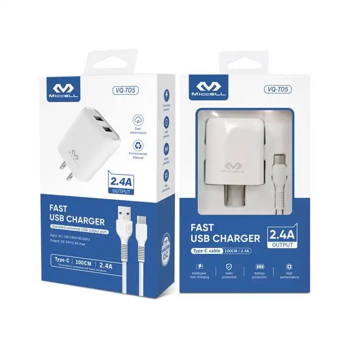 Empaque de cargador rápido 2.4A miccell con cable tipo-c