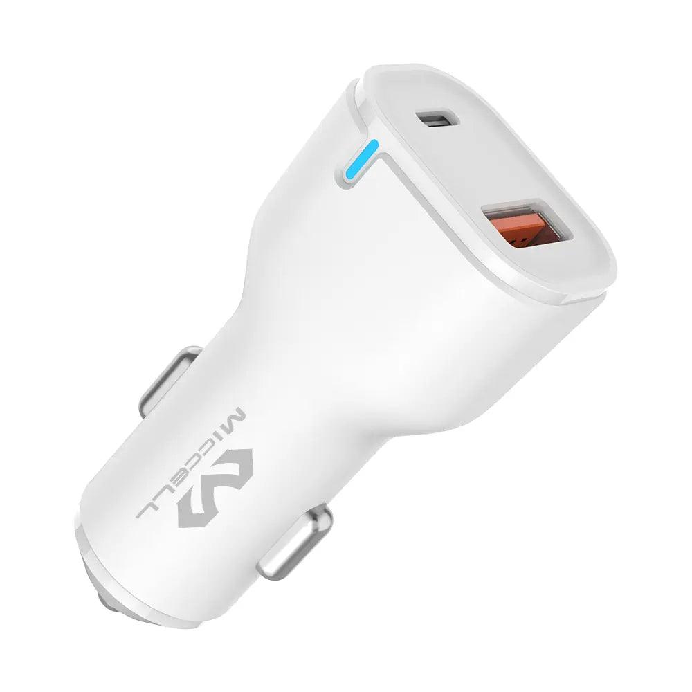 cargador de auto blanco marca Miccell dual USB, USB qualcomm 3.0 y usb tipo c de 20W