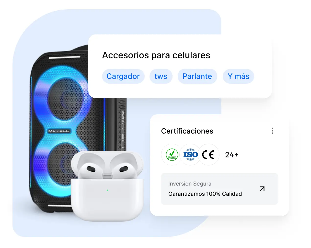 Productos electrónicos de alta calidad: un altavoz portátil negro con detalles de luz azul, auriculares inalámbricos blancos en una caja abierta. Certificaciones ISO y CE garantizan seguridad y calidad. ¡Inversión segura con Micell!