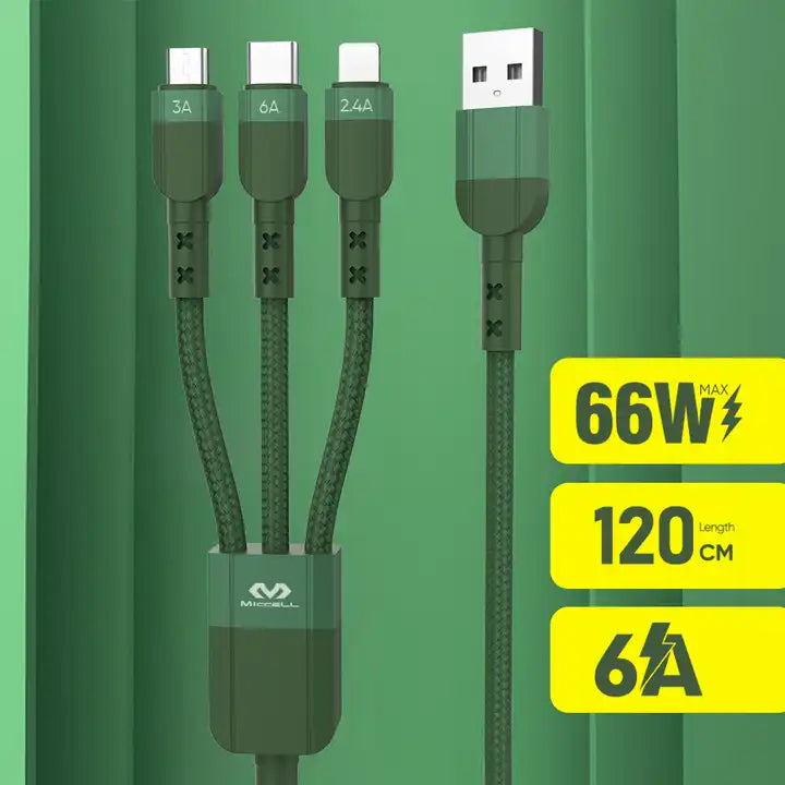 cargador 3 en 1 super carga 6 a 120 cm con potencia de 66 Watts