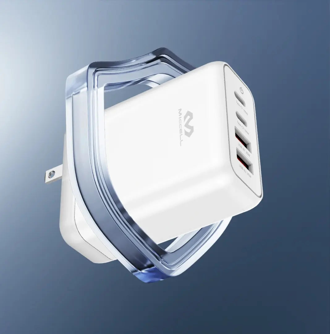 Cargador USB de pared con múltiples puertos y logotipo de miccell sobre fondo degradado azul
