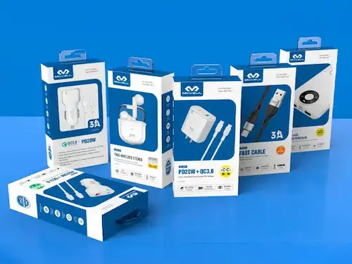 empaques de productos de calidad: cargadores, audífonos, cables y powerbanks