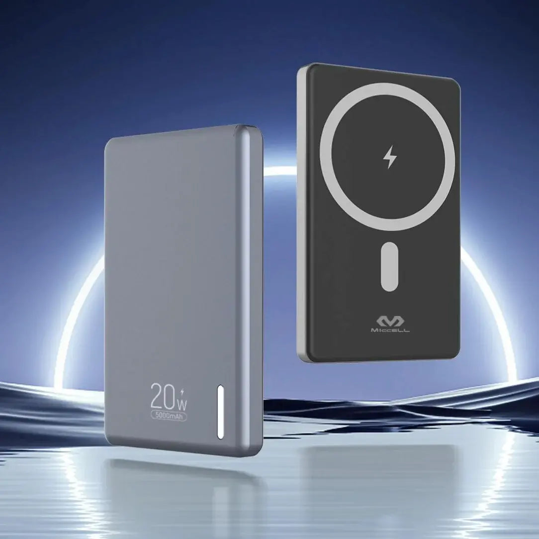 Dos powerbanks potentes color gris y negro en fondo futurista azul